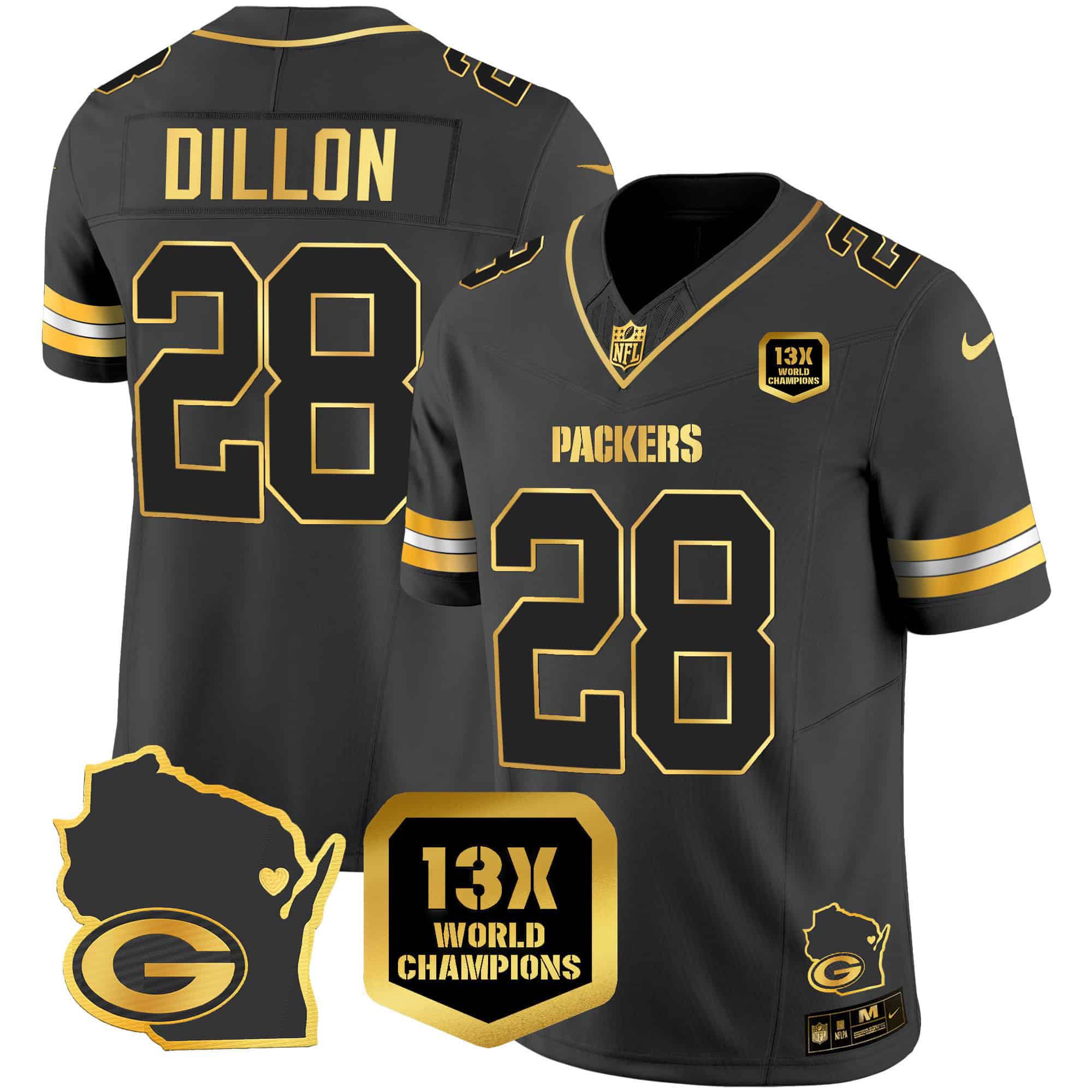 Men Green Bay Packers 28 Dillon Black Gold 2024 Nike World Champions Home Patch Vapor NFL Jersey style 2